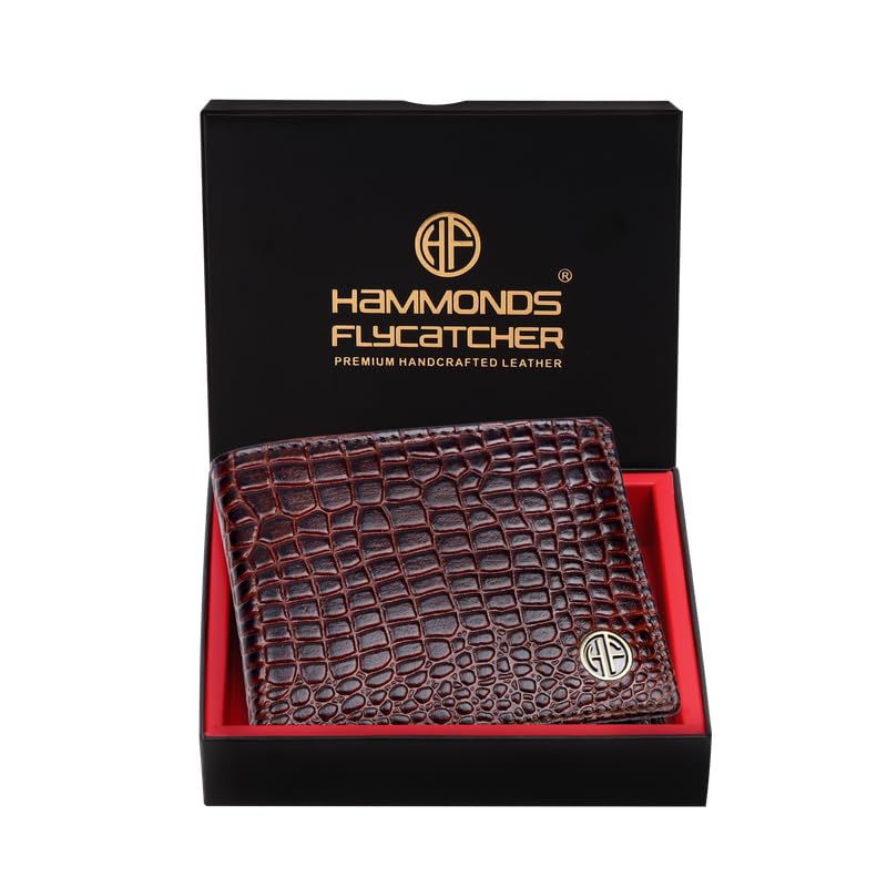 HAMMONDS FLYCATCHER RFID Protected Bi-Fold Wallet for Men Leather Original, Mens Wallet, Leather Wallets for Men, Classic Purse with 4 Card Slots, Coin Pocket, Gift for Mens - Croc Brown