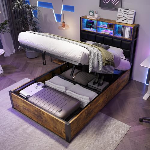 Merax Hydraulic Storage Bed Frame 90 x 190 cm,Single Metal Bed with LED Light Strip,USB & Type-C Charging Ports,Upholstered Headboard with Storage Shelves,Ottoman Bed Frame for Kids,Teenagers &Adults