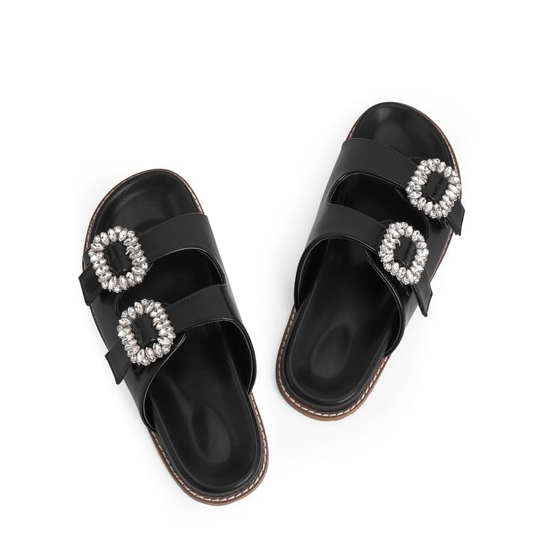 QIY Slide Sandals for Women Rhinestone Flat Platform Sandals Soft Footbed Comfortable Walking Girls Ladies Summer Sandals