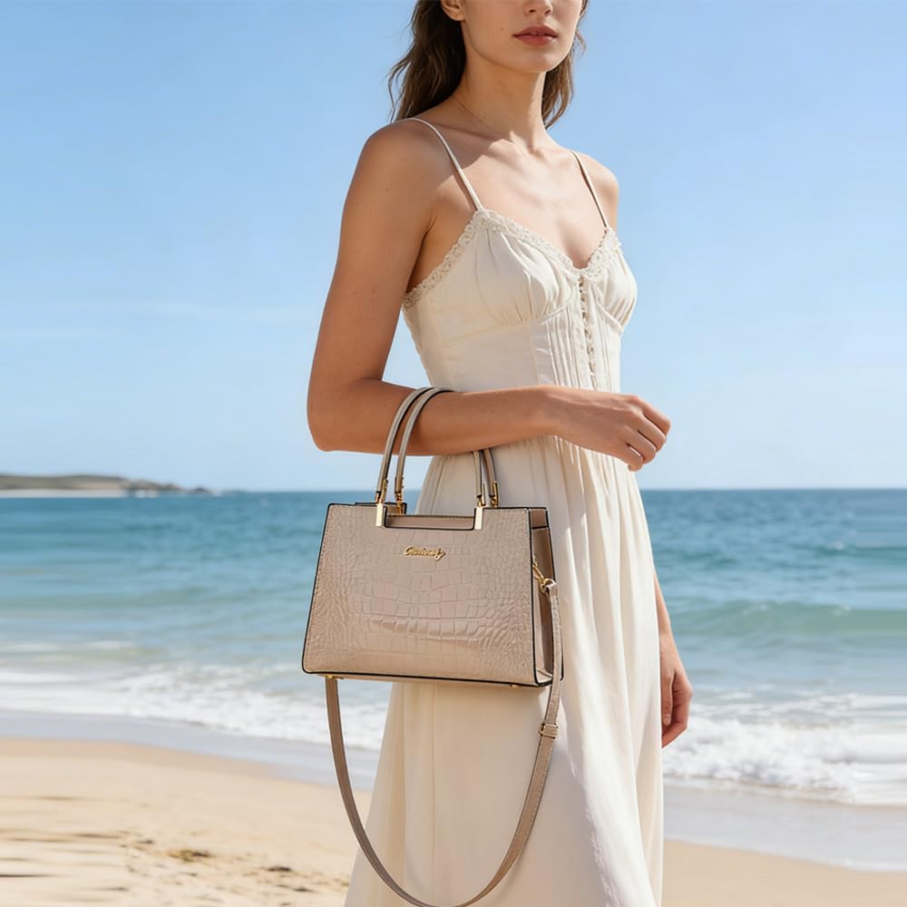 Bolso de mano para mujer, de piel de charol brillante, con patrón de cocodrilo, asa superior, con cremallera, tamaño mediano