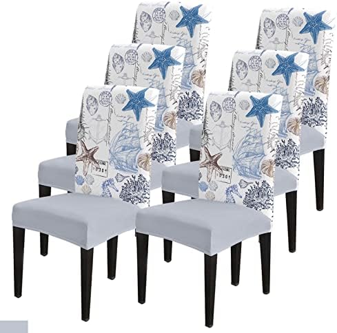Dining Room Chair Covers Set of 6, Ocean Starfish Coral Shell Sailboat Anchor Nautical Theme Removable Washable Dining Room Stretch Chair Slipcovers Protector Cover for Home, Hotel, Ceremony, Banquet