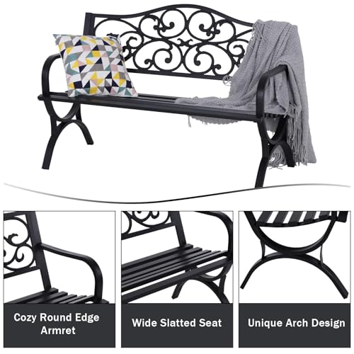 MFSTUDIO Outdoor Metal Bench Set of 2, 50 Inches Outdoor Garden Bench, Cast Iron Metal Frame Patio Park Bench with Floral Pattern Backrest, Arch Legs for Porch Lawn Yard, Black