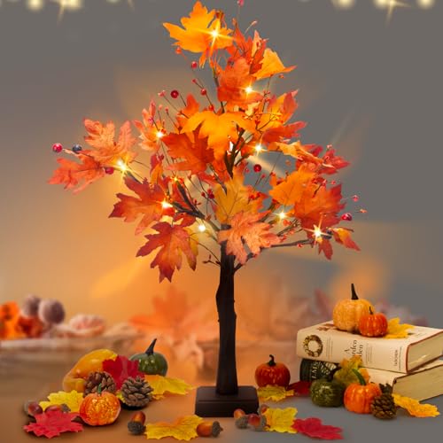 2024 Fall Decor, 26in Maple Trees with Lights, USB/Battery Autumn Decor Fall Decorations for Home, Thanksgiving Decorations Fall Home Decor,24LED Fall Tree with Lights for Fall Kitchen Room Decor