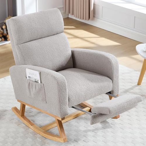 Image of HCHAIRH Rocking Chair Nursery with Foot Rest, Teddy Nursing Rocking Chairs for Mom Nursery, Rocker Glider Chair with Footrest for Living Room, Bedroom, Light Gray