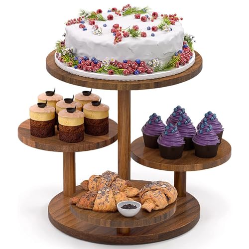 RATSTONE Présentoir à Cupcakes En Bois à 4 Niveaux,Support à Dessert,Presentoir a Gateau En Bois,Pour Fête d'Anniversaire,Mariage,Fête Prénatale,Fête à La Maison(Marron,Rond)