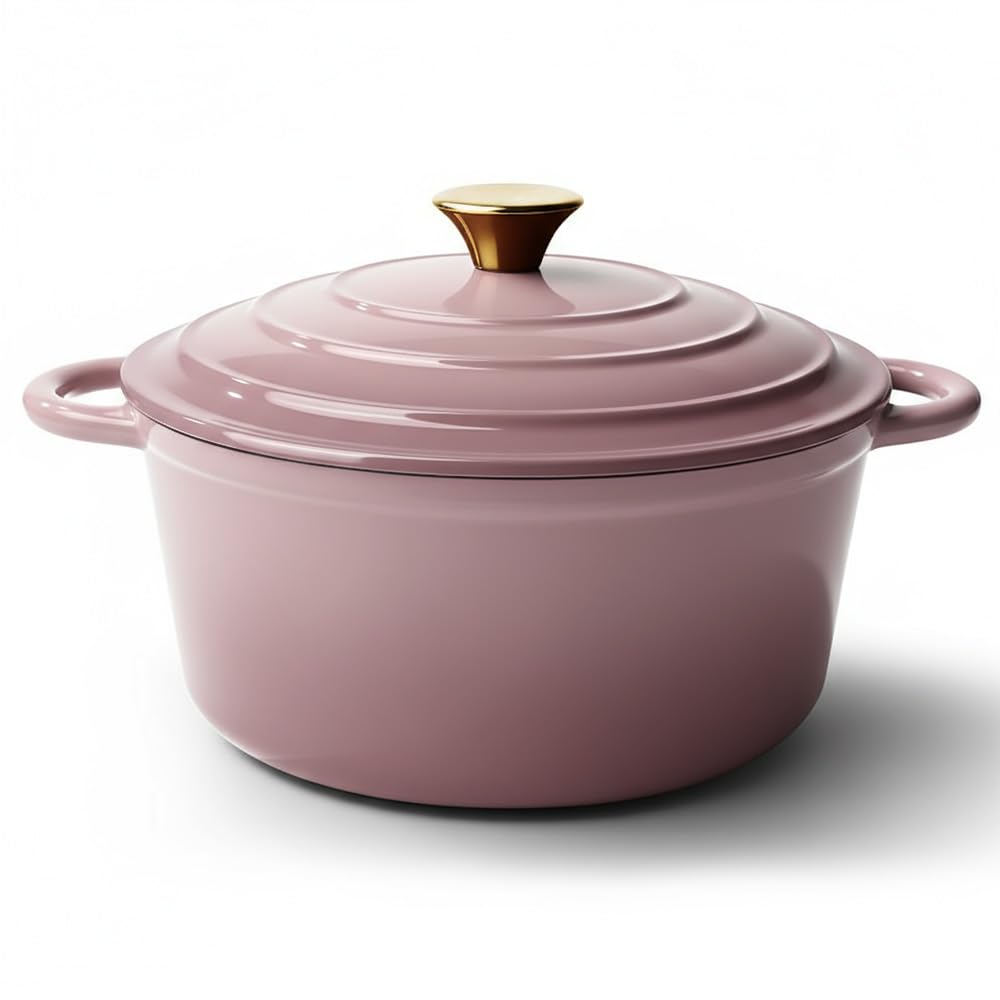 Vintage Style 4.5 Quart Dutch Oven Pot with Lid, Non Stick Enameled Cast Iron Dutch Oven for Bread Baking, Heavy-Duty, Oven Safe Ceramic Cookware Up to 500°F for Baking, Braising, Stews, Roasting, Pink