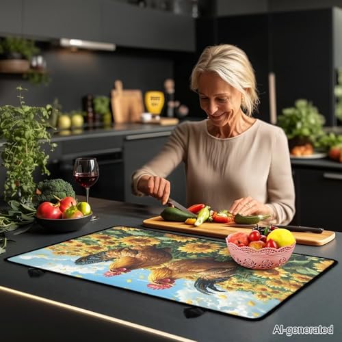 Image of Sunflower Rooster Induction Cooktop Protector Mat, Wear Resistant Stove Top Cover, Extra Large Dish Drying Mat, Folding Dust Cover for Gas Burners, Scratch-resistant Countertop Protector