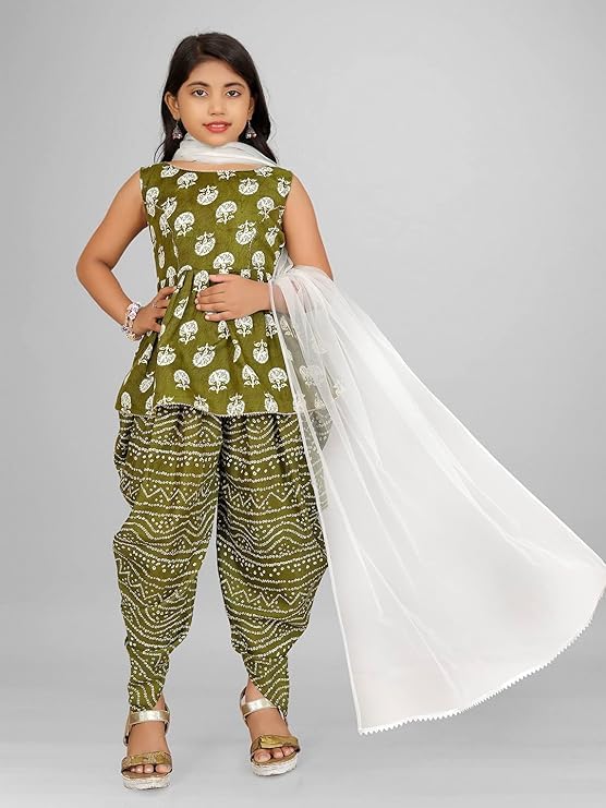 Image of Suhana Fashion Girls Dress Girls Cotton Kurti Top with Dhoti Kurta Set & Dupatta