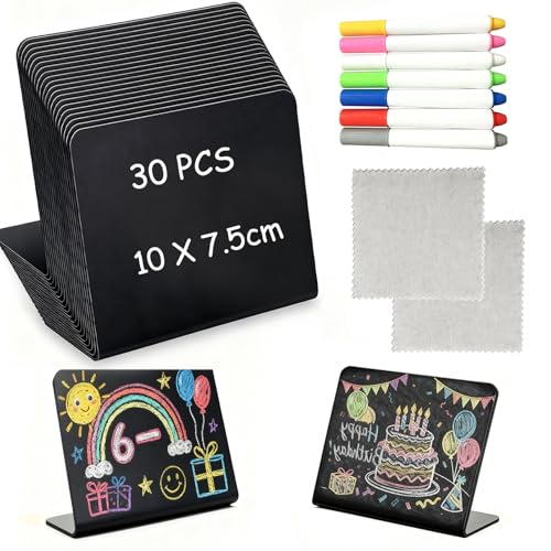 30pcs Mini Chalkboard Signs Price Tags Small Blackboard Reserved Signs for Table Numbers Place Cards Food Labels Display Stand with Pen Wiper for Buffets Flea Markets Wedding
