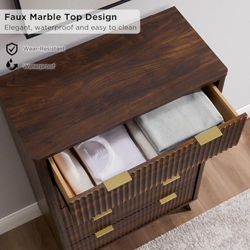 Image of T4TREAM Fluted 5 Drawers Dresser, 48 inch Tall Modern Chest of Drawers, Curved Profile Design, Wood Drawer Organizer for Bedroom, Living Room, Hallway, Entryway, Dark Walnut
