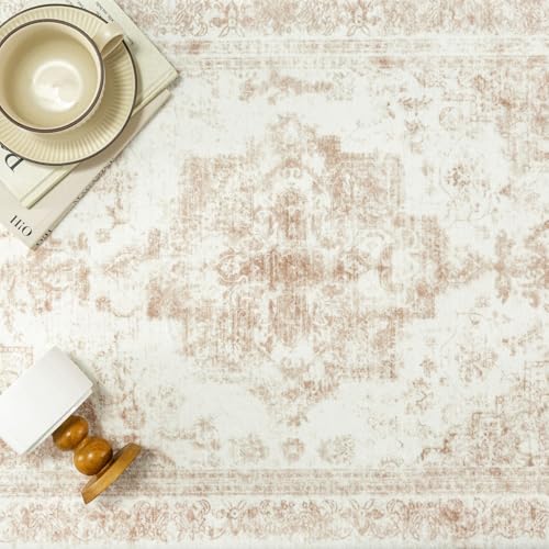 Area Rug 2x3 Cream Washable Entryway Vintage Medallion Beige Carpet Non Slip Low Pile Soft Doormat Distressed Retro Indoor Small Rug for Kitchen Bedroom Laundry Bathroom