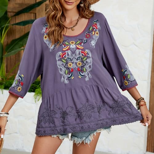 Women's Embroidered Tops 3/4 Sleeve Mexican Blouses Shirts Round Neck Dressy Tunics Peasant Tops Loose Fit4