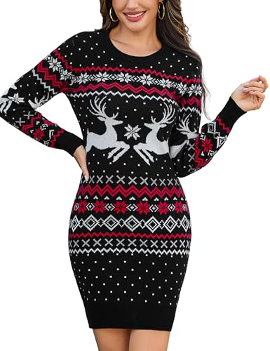 Litherday Weihnachtskleid Damen Strickkleid Weihnachspullover Pulloverkleid Herbst Winter Rundhals Langarm Christmas Sweater