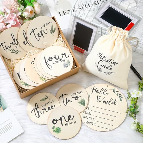 Image of Cinnvoice Baby Announcement Sign, Round Baby Nursery Name Signs Monthly Baby Milestone Monthly Milestone Wood Discs Hello World Newborn Sign for Photo Prop(Plant)