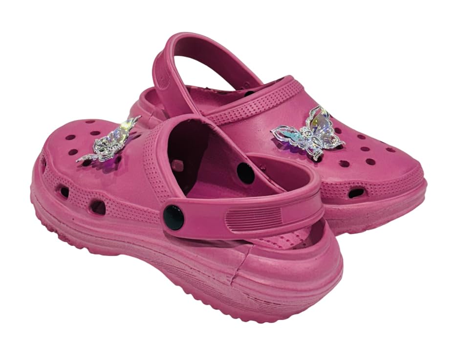 Image of Girls' Clog Sandals with Butterfly Charms - Lightweight, Waterproof, Slip-On Summer Shoes with Adjustable Heel Strap