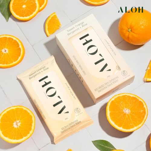 Image of ALŌH Sweet Orange Bergamot + Aloe Hand Sanitizer Wipes, Travel Size | Clean Hands, Clear Mind, On The Go for Kids and Adults | Alcohol Free, Moisturizing, Scented | 3 Pack 20ct Wipes (60 wipes)