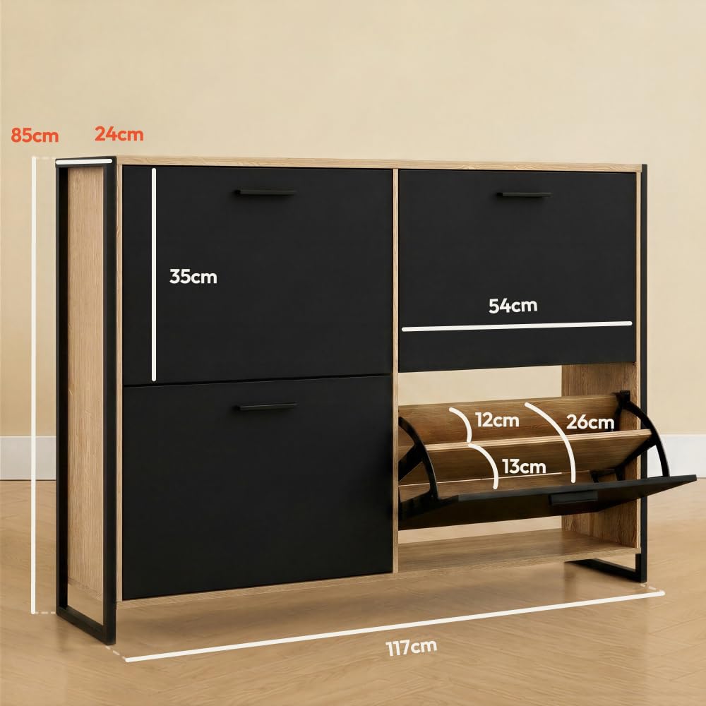CASABEL Meuble de Rangement à Chaussure Industriel 24 Paires - Double Compartiment - Armoire Etagere Grande Capacité pour Entrée, Couloir - L114xP24xH83 cm - Portes Noires Cadre Bois Clair