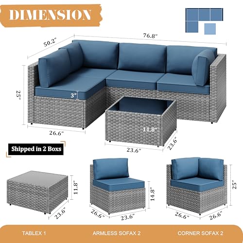 Image of Vongrasig 5 Pieces Outdoor Sectional Furniture, All-Weather Rattan Patio Furniture Set, Wicker Patio Sectional Couch with Cushion, Glass Table, Navy Blue