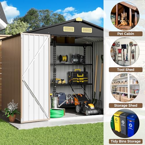 Image of IRONCK 7.7x5.7 FT Storage Shed, Outdoor Metal Tool Shed with Breathable Vents and Lockable Doors, All-Weather Tool Storage for Patio, Outside, Poolside, Brown