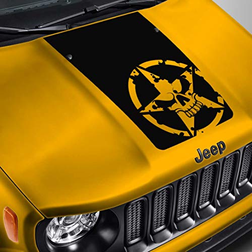 SkunkMonkey - Hood Decal Compatible with Jeep Renegade - Army Star Skull Blackout Hood Sticker - Matte Black