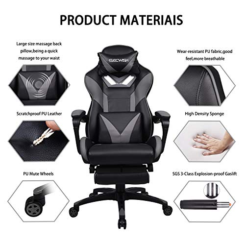 ELECWISH Ergonomic Swivel Video Game Chairs High-Back Office Chair w/PU Leather and Adjustable Armrests (Grey)
