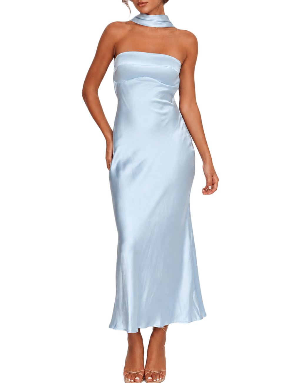 Maxi abito estivo da donna, in raso, senza spalline, elegante, in seta, scollato sulla schiena, con scollo all’americana, per feste e invitati al matrimonio