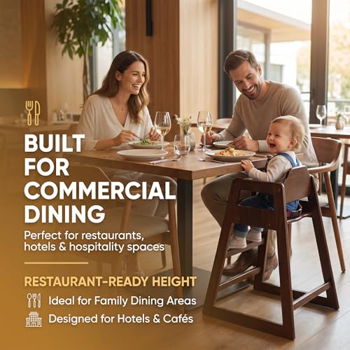 Image of Dark Brown Wooden Restaurant High Chair - Stackable Rubberwood Dining Chair with Safety Bar, Easy-Clean Finish, Commercial Restaurant Seating