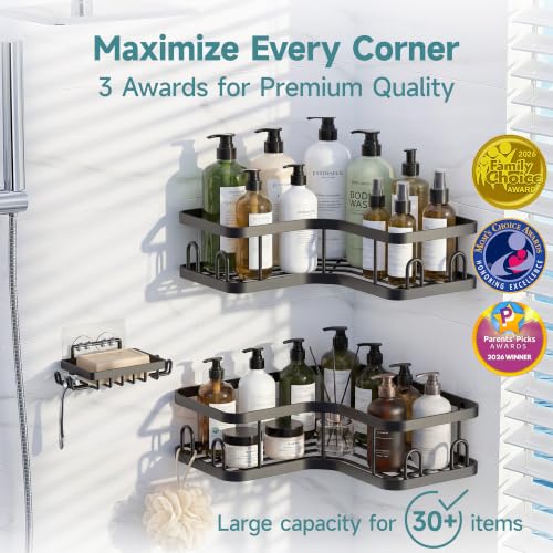 Image of Veken Corner Shower Caddy 3-Pack, Advanced Rustproof Design&Stable Storage | No Drilling Adhesive Shelves, Rack with Soap Holder & Hooks, Thickened Metal Frame, Bathroom Organizers and Storage, Black
