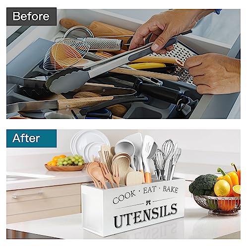 Image of Suli Extra Large Kitchen Utensils Holder with 4 Compartments, Wooden Utensil Organizer for Countertop, Farmhouse Kitchen Decor, Rustic Cooking Utensil - White