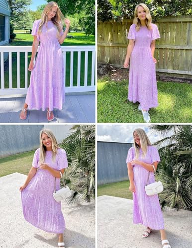 Image of ZESICA Women's 2026 Summer Boho Floral Maxi Dresses Casual Short Flutter Sleeve Smocked Tiered Flowy Dress