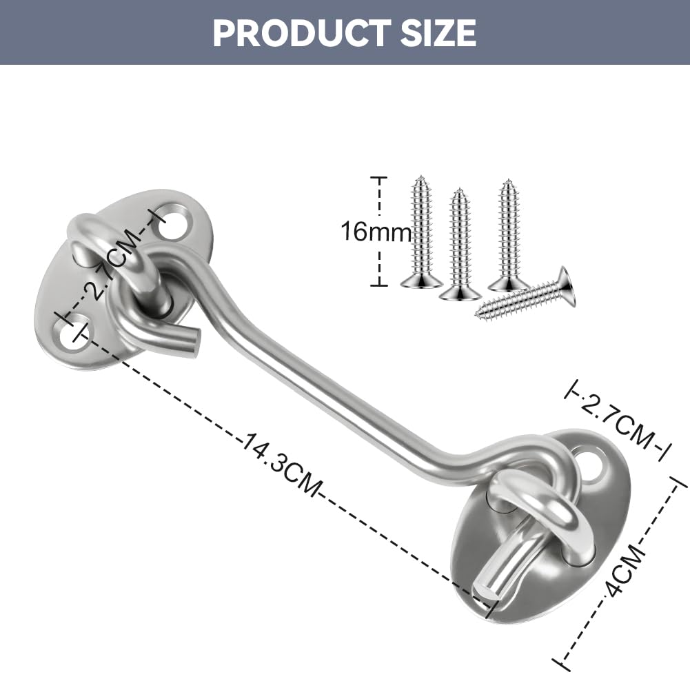 Flintronic Hook and Eye Latch, 2Pcs 6 Inch Stainless Steel Cabin Hook, Heavy Duty Gate Hook Lock - Image 2