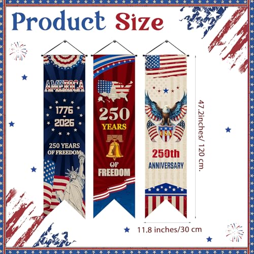 Image of Chiisong 3 Pcs 250 Years of Freedom Party Decorations 250 Anniversary USA Banners 4th of July Porch Sign Patriotic Door Wall Hanging Decor for Indoor Outdoor Independence Day Backdrops Photo Props