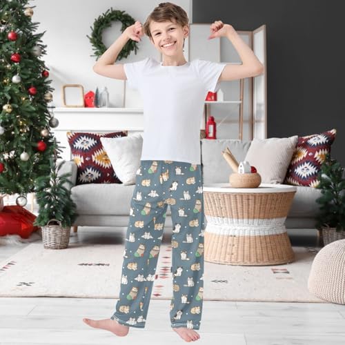 Boy's Pants Cute Cartoon Cat Stock Snow Jogger Pants Elastic Waist Long Bottoms Trousers with Pockets 6-14 Years2