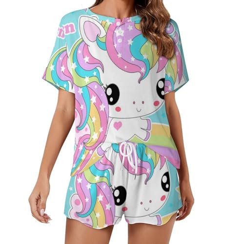 Pyjama licorne femme court vêtement de nuit été sleepwear arc-en-ciel