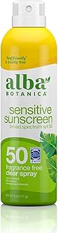 Alba Botanica Sensitive Sunscreen Spray for Face and Body, Fragrance-Free, Broad Spectrum SPF 50, Water Resistant, 5 fl. oz. Bottle