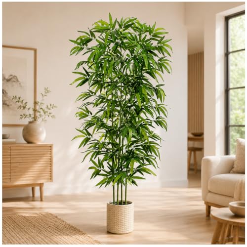TNGGNT Artificial Bamboo Tree: 6FT Fake Bamboo Plant Faux Tall Nandina Tree with Dense Green Leaves...