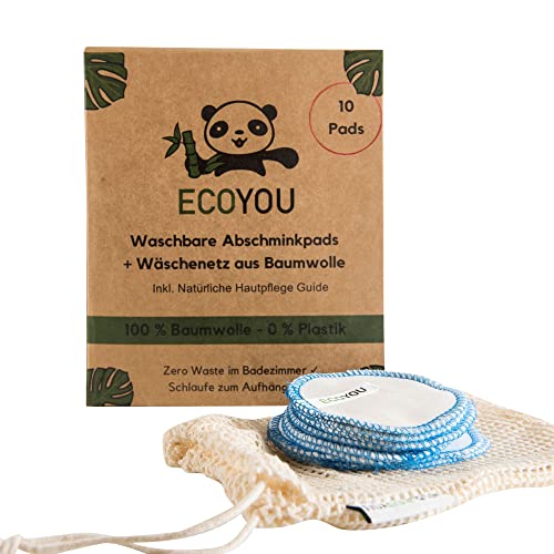 EcoYou - Discos Desmaquillantes de Algodón Orgánico Lavables - Discos Limpiantes en Algodón Reutilizables, 10 PIEZAS, Cuidado Facial Sostenible Mujeres, Con Bolsa de Algodón, Color: Azul Cover