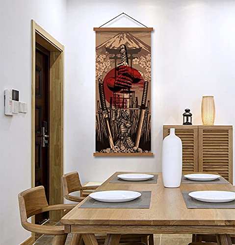 Japan Wall Art Armor Samurai Sword Poster Print On Canvas Skeleton Oriental Art Decoration Wood Framed To Hanging 16”X35” #TOP2