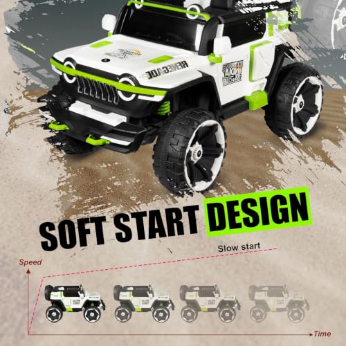 Image of Norman Jr Battery Operated 4x4 ATV Runs on Garden & Sand Surface |Jeep Toy with Remote+Steering+RGB Light+Mp3 USB Music | Rechargeable Car for Kids to Drive 3to12 Years | XXXLarge Bumper- Green&White