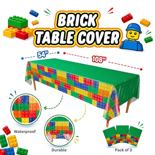 Image of Blue Orchards Brick Table Covers (Pack of 3) - 54 inchx108 inch XL - Building Blocks, Gamer, Building Blocks Birthday, Kids Birthday Party, Decorations for Boys