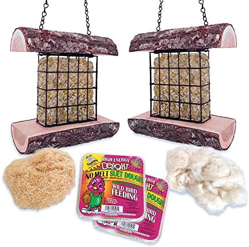 Mac's Double Suet Wild Bird Feeder, All Natural Wood, Made in The USA - Includes Nesting Material and Suet Cake