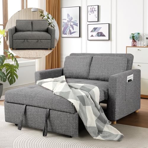 SEJOV Sleeper Sofa Bed, 3-in-1 Convertible Sofa Chair, Linen Fabric Pull Out Couch Bed, Loveseat Sleeper with Spring Support, Adjustable Backrest, 2 Seater Recliner Chair for Small Space, Dark Grey