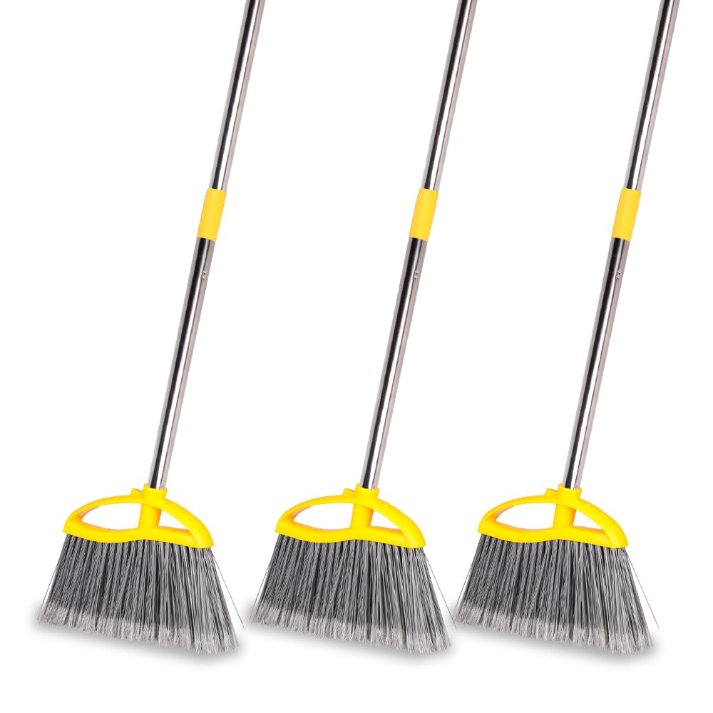 Gloffer 3 Pack Outdoor Broom - Heavy Duty with Stiff Bristles, Commercial Angle Broom with Long Handle for Patio, Garage, Deck, Lobby, Courtyard