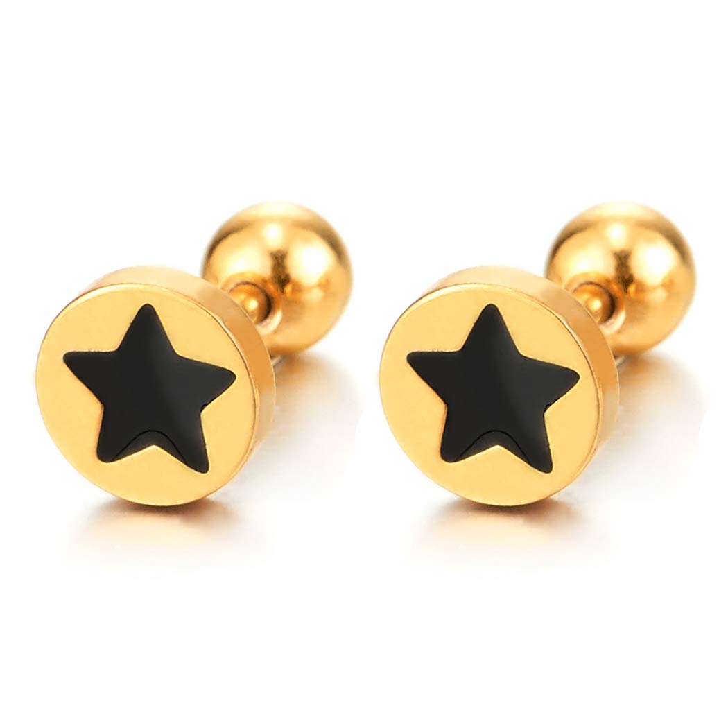 COOLSTEELANDBEYOND Color Oro Círculo Pendientes con Esmalte Negro Pentagrama Estrella, Hombre Mujer, Aretes, Acero, Cierre Tornillo