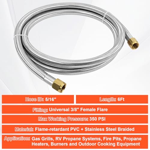 Image of 6 FT Propane Hose Extension 3 /8 inch Female Flare x Female Flare, CSA Certification Stainless Steel Braided Propane Flexible LP Gas Line with Solid Brass Fittings for RV, Grill, Fire Pit, Heater, Stove