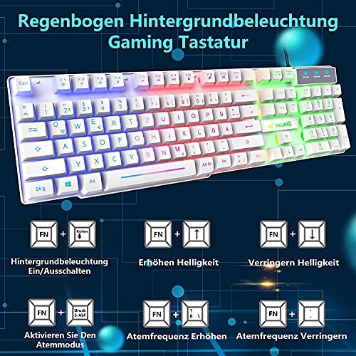 DE Layout QWERTZ kabelgebundenes Tastatur- und Mausset+RGB-Hintergrundbeleuchtung Kopfhörer Einstellbares Mikrofon + Stereo-Lautsprecher+Großes Mauspad für PC Mac Gamer Büro-Schreibkraft (Weiß ) - Image 4