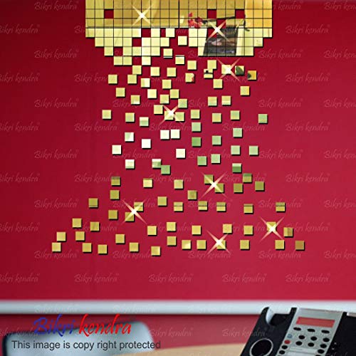 Image of Bikri Kendra - 400 Square Silver Decorative Mirror Stickers for Wall, Wall Mirror Stickers, 3D Acrylic Stickers Wall Stickers for Hall Room, Bed Room, Kitchen Living Room Kids Room. (Golde)