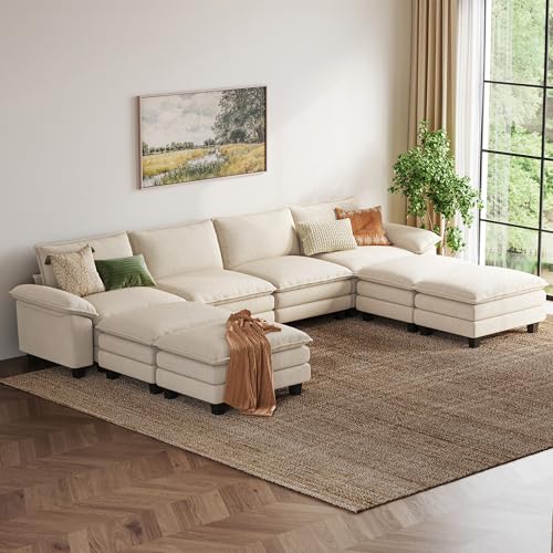 Image of LINSY HOME Modular Sectional Sofa - 157 Inch Oversized Corduroy Cloud Couch with Movable Ottoman Soft Modern Comfy Sofa Set for Living Room Apartment Office (Beige, 4-Seat & 4-Ottoman)