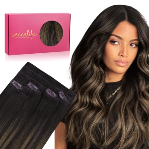 Image of WENNALIFE Invisible Edge Seamless Clip in Hair Extensions Real Human Hair | 16'' 111g 7pcs Balayage Dark Brown Mixed Chestnut Brown. Thin PU Weft, Easy, Comfortable Clip in Luxury Remy Hair Extensions