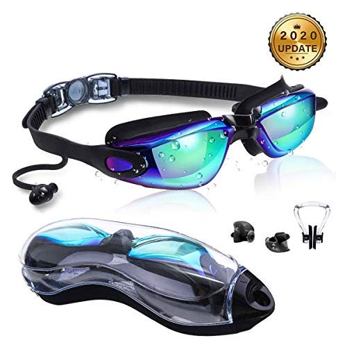SGODDE Gafas de Natación Antivaho, Protección UV Gafas para Nadar,Sin Fugas Ajustable Gafas de Buceo con Gorro de Natacion Suave,Clip de Nariz,Enchufe de Oído,Funda Protectora,para Hombre Mujere (B)